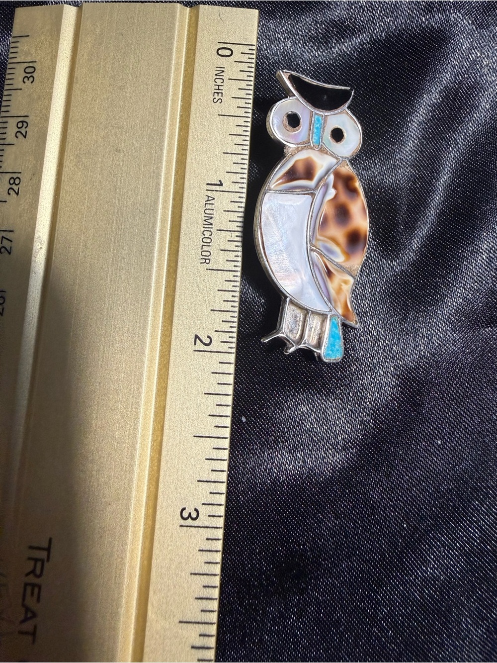 Zuni Vintage Sterling Silver OWL with Shell Inlay Lapel Pin 2” x 1/2”